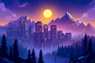 月夜下的都市与山林美景
