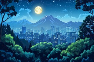 月夜下的城市与远山风景