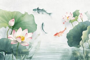 水墨荷塘游鱼图