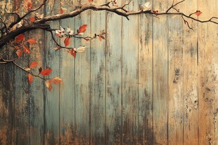 复古木板上的红枝与繁花