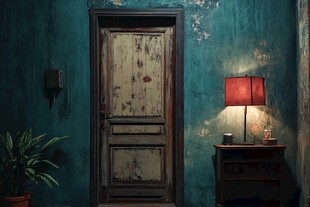 复古旧门旁的温馨台灯角落