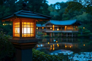 日式湖畔夜灯 静谧美景