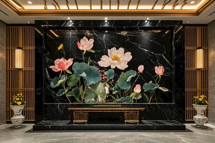 中式荷花大理石玄关背景墙