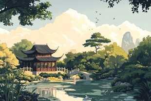 中式园林湖畔雅致亭阁