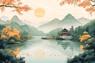 秋日山水间的古风美景