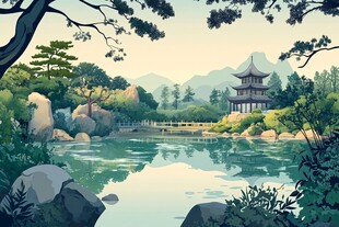 中式园林湖畔美景