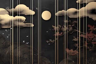 中式黑金风云海月夜图景