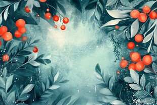 蓝绿背景下的红果绿叶