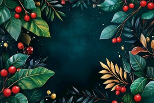 圣诞风绿叶红果装饰背景