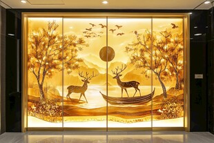 金色山水鹿影艺术玻璃画