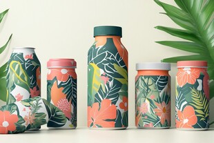 热带花卉图案的多彩容器