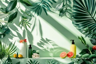 绿植环绕的清新护肤用品