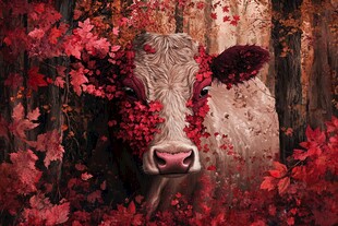 秋日红叶中的奶牛