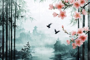 水墨竹桃飞鸟中式风景画