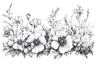 花卉黑白手绘植物边框图