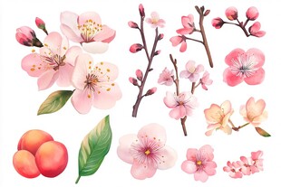 粉色桃花与果实插画素材