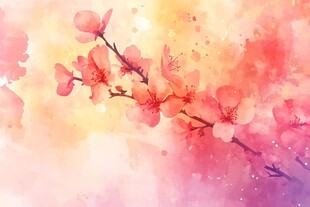 水彩绘就的绚烂桃花枝