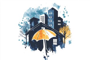 雨中城市小屋与撑伞景象