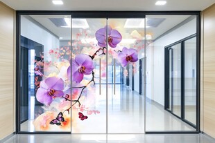 走廊玻璃上的梦幻花卉图案