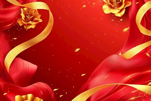 喜庆红金背景花卉飘带图