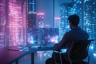 都市夜中办公者的孤独身影