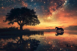 星空下的孤树与骏马