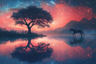 梦幻星空下的树与独行马