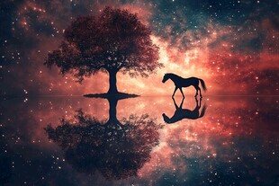 梦幻星空下的树与骏马