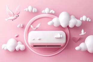 梦幻粉色空调与飞鸟云朵