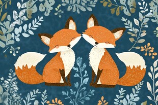 亲昵狐狸与花卉背景图案