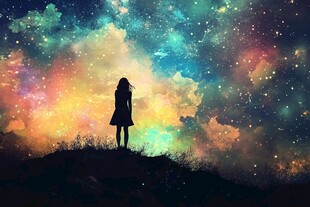 女孩凝望梦幻星空