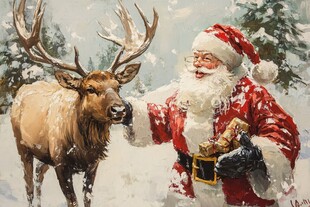 圣诞老人与驯鹿的温馨时刻