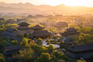 晨曦中的中式古建筑景观