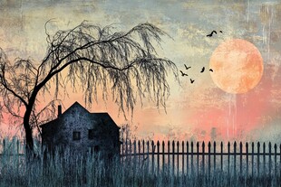 黄昏下的孤寂老屋与枯树