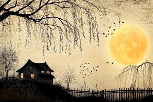 月夜下的静谧中式小屋