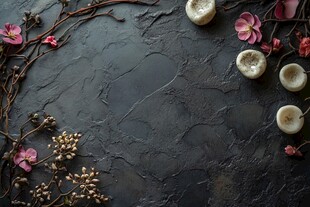 黑色背景上的花卉与蜡烛