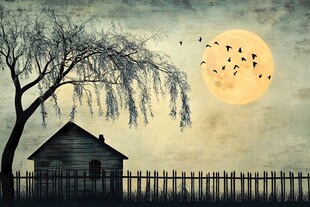 月夜下的静谧小屋与飞鸟