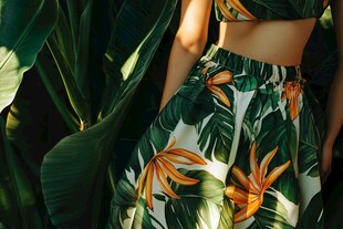 热带风情印花裙女性身影