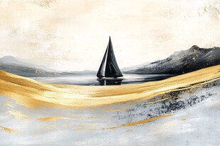 金色海面的孤独帆船