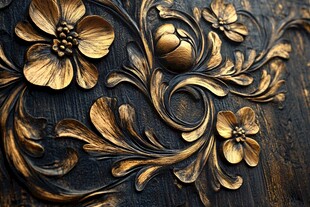 复古金色花卉木雕细节