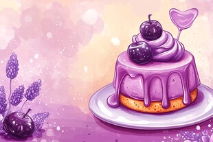 梦幻紫色樱桃蛋糕插画