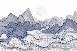 蓝白线条绘就山水景致