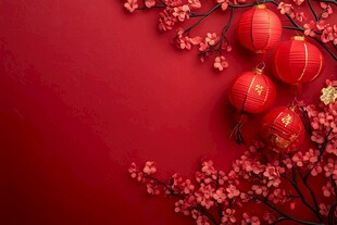 喜庆红背景下的灯笼与繁花