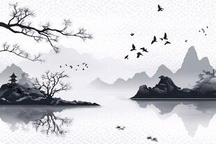 水墨山水飞鸟静谧景致