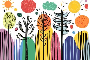 多彩手绘森林与阳光景象