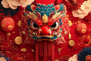 喜庆中国风舞狮头装饰图