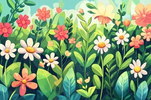 春日烂漫花卉插画场景
