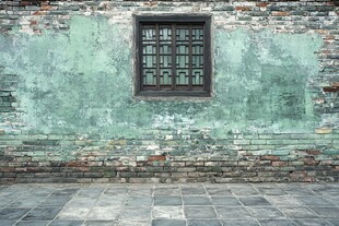 古旧砖墙与木质格子窗