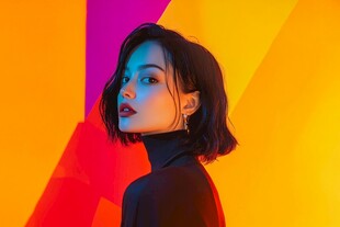 时尚短发女性多彩背景写真
