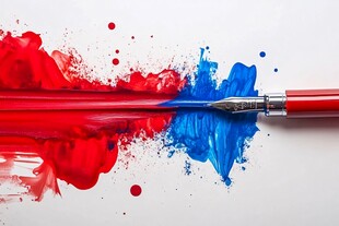 红蓝墨水笔尖交汇艺术图
